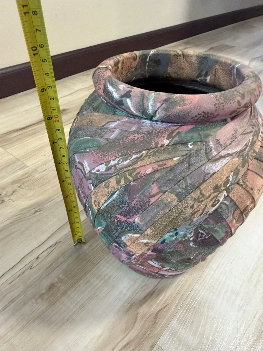 Vintage Fabric Wrapped Vase Planter Boho Abstract Multicolor Art Decor